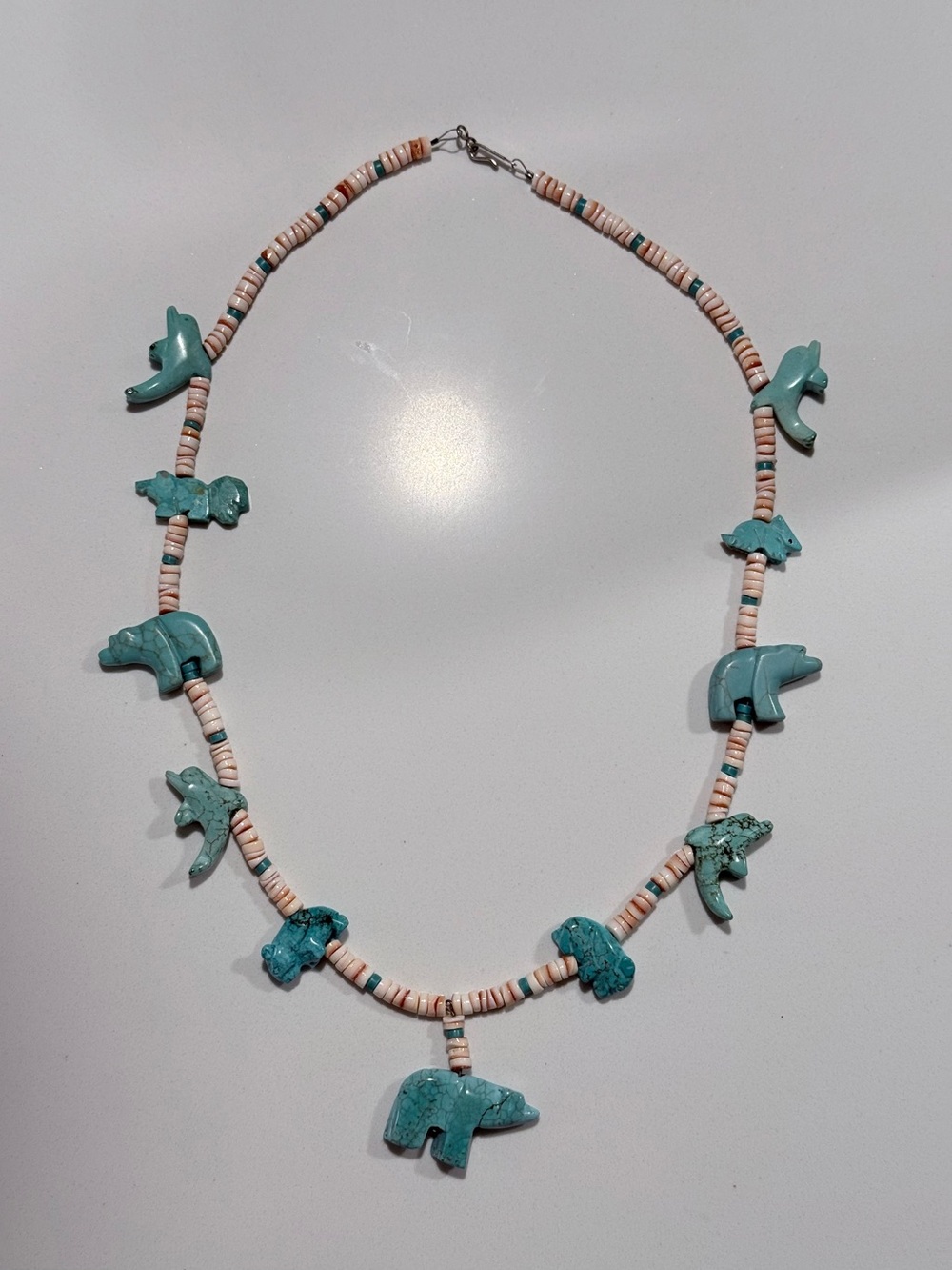 Southwestern Carved Turquoise Animal Fetish Necklace Shell Heishe Beads